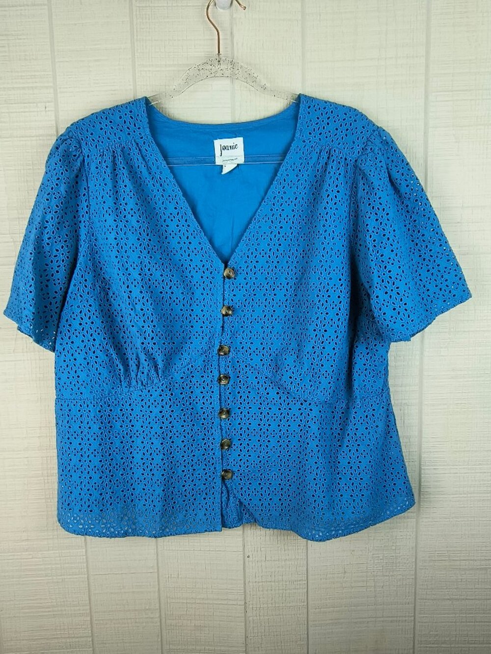 Joanie Eyelet Blouse Top Blue Button Front V-Neck Cotton Boho Plus